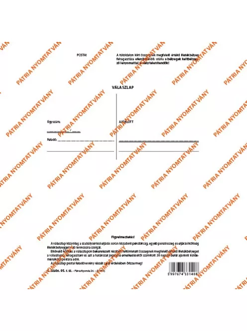 Pátria Nyomtatvány Válaszlap pénzbírság postai befizetésére szabadlap A/5 álló