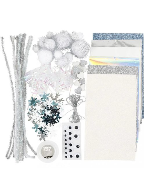 Kreatív csomag (színes papír, dekorgumi, mozgó szemek, pom-pom, zsenília, stb.), téli színek