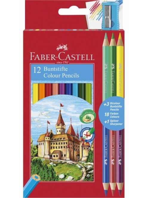 Színes ceruzakészlet 12+3db-os (Bicolor), Faber-Castell, hatszög test