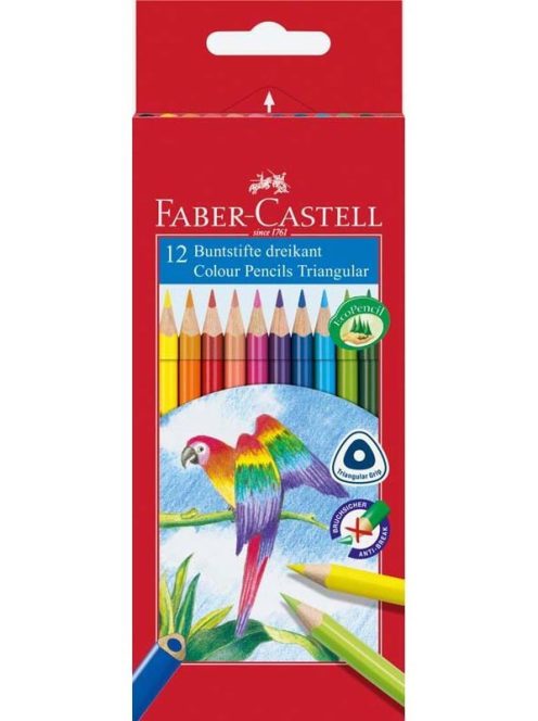 Színes ceruzakészlet 12 db-os, Faber-Castell, papagáj mintás, háromszög test