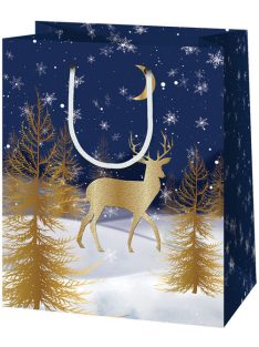   Karácsonyi ajándéktáska 23x18x10cm, közepes, kék-arany, szarvas