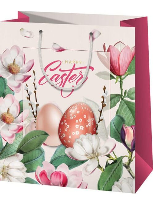 Húsvéti ajándéktáska 23x18x10cm, közepes, tojás magnóliákkal, Happy Easter