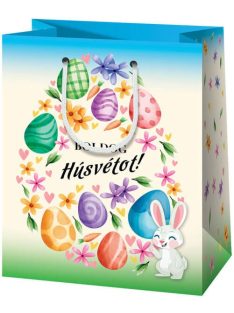   Húsvéti ajándéktáska 23x18x10cm, közepes, vidám nyuszi tojásokkal, Boldog húsvétot!