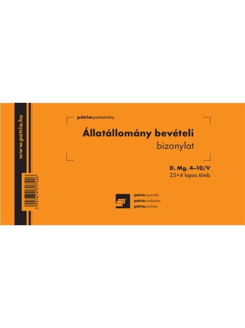 Pátria Nyomtatvány Állatállomány bevételi bizonylat 25x4 lapos tömb 203x102 mm