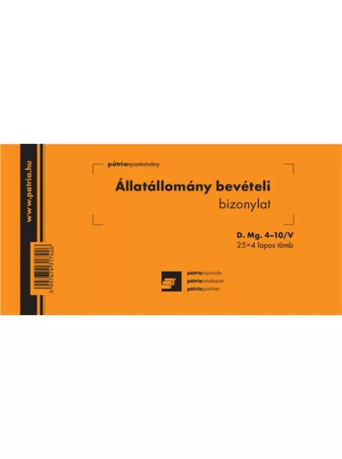 Pátria Nyomtatvány Állatállomány bevételi bizonylat 25x4 lapos tömb 203x102 mm