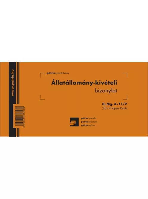 Pátria Nyomtatvány Állatállomány kivételi bizonylat 25x4 lapos tömb 203x102 mm