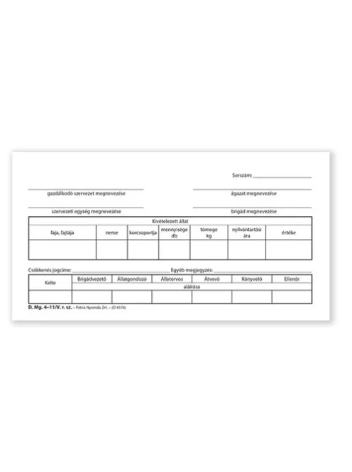 Pátria Nyomtatvány Állatállomány kivételi bizonylat 25x4 lapos tömb 203x102 mm