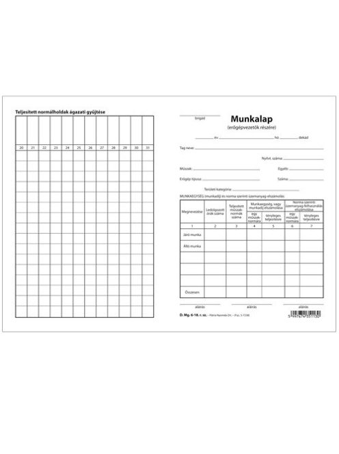 Pátria Nyomtatvány Munkalap erőgépvezetők részére szabadlap A/5 álló