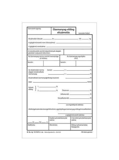 Pátria Nyomtatvány Üzemanyag-előleg elszámolás 25x3 lapos tömb A/5 álló