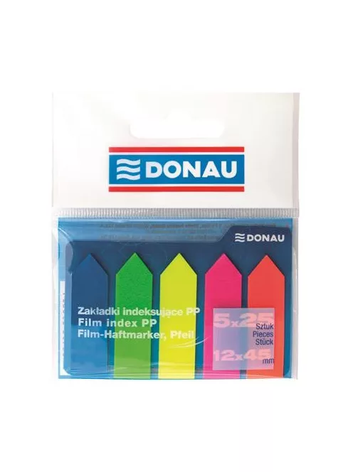 DONAU Jelölőcímke, műanyag, nyíl forma, 5x25 lap, 12x45 mm, DONAU, neon szín
