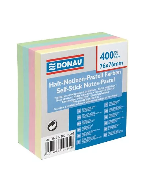 DONAU Öntapadó jegyzettömb, 76x76mm, 400 lap, DONAU, pasztell színek