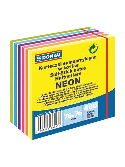 DONAU Öntapadó jegyzettömb, 76x76mm, 400 lap, DONAU, fehér és neon színek