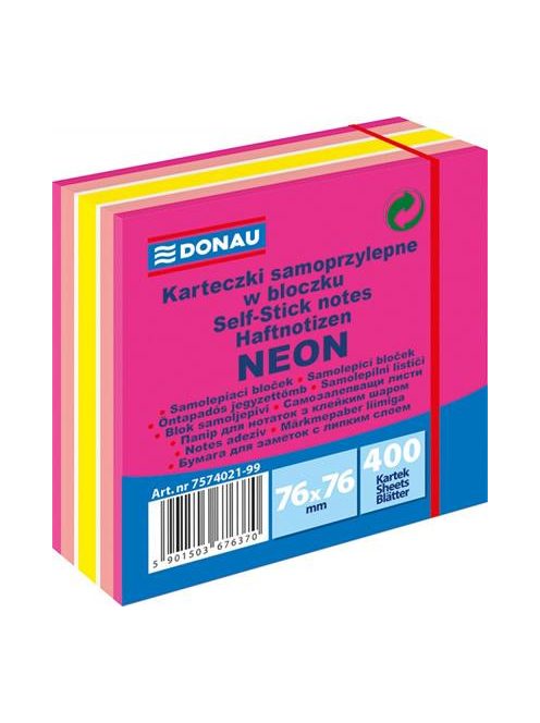 DONAU Öntapadó jegyzettömb, 76x76 mm, 400 lap, DONAU, neon-pasztell mix, rózsaszín árnyalatok