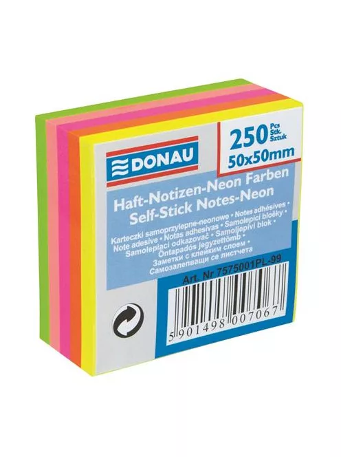 DONAU Öntapadó jegyzettömb, 50x50 mm, 5x50 lap, DONAU, neon szín