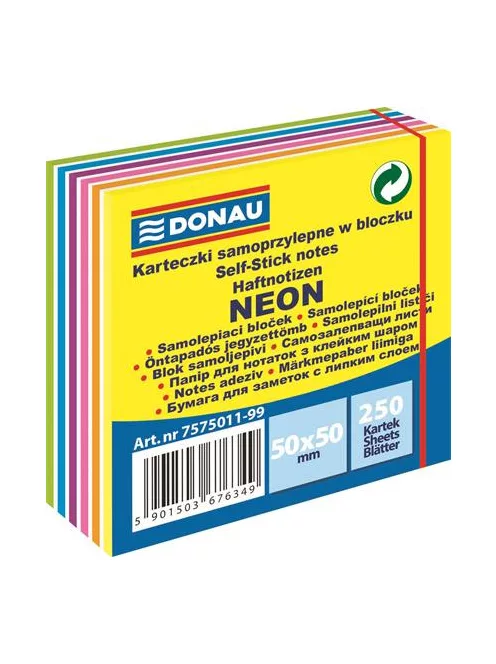 DONAU Öntapadó jegyzettömb, 50x50mm,250 lap, DONAU,  fehér és neon színek