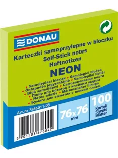   DONAU Öntapadó jegyzettömb, 76x76 mm, 100 lap, DONAU, neon zöld