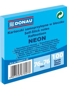   DONAU Öntapadó jegyzettömb, 76x76 mm, 100 lap, DONAU, neon kék