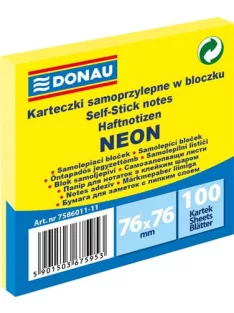   DONAU Öntapadó jegyzettömb, 76x76 mm, 100 lap, DONAU, neon sárga
