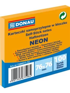   DONAU Öntapadó jegyzettömb, 76x76 mm, 100 lap, DONAU, neon narancssárga