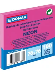   DONAU Öntapadó jegyzettömb, 76x76 mm, 100 lap, DONAU, neon rózsaszín