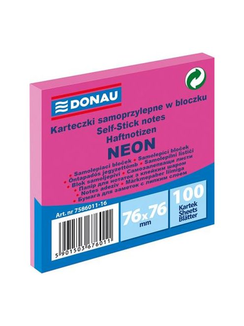 DONAU Öntapadó jegyzettömb, 76x76 mm, 100 lap, DONAU, neon rózsaszín