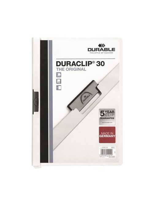 DURABLE Gyorsfűző, klipes, A4, DURABLE "DURACLIP® 30", fehér