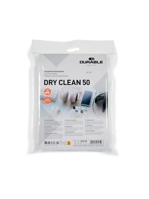 DURABLE Tisztítókendő, képernyőhöz, 50 db, DURABLE "DRY CLEAN 50", fehér