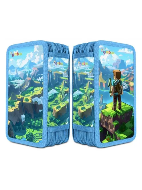 Tolltartó, töltött, 3 emeletes, cipzáras, "Gimboo", kék, építőkockás