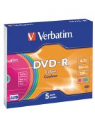 VERBATIM DVD-R lemez, színes felület, AZO, 4,7GB, 16x, 5 db, vékony tok, VERBATIM