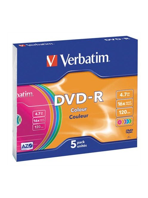 VERBATIM DVD-R lemez, színes felület, AZO, 4,7GB, 16x, 5 db, vékony tok, VERBATIM