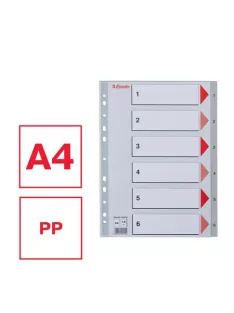 ESSELTE Regiszter, műanyag, A4, 1-6, ESSELTE, szürke