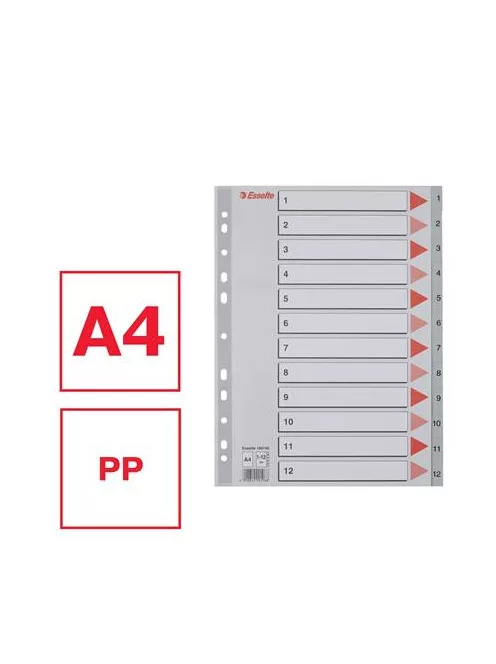 ESSELTE Regiszter, műanyag, A4, 1-12, ESSELTE, szürke
