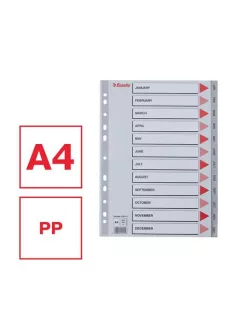 ESSELTE Regiszter, műanyag, A4, Jan-Dec, ESSELTE, szürke