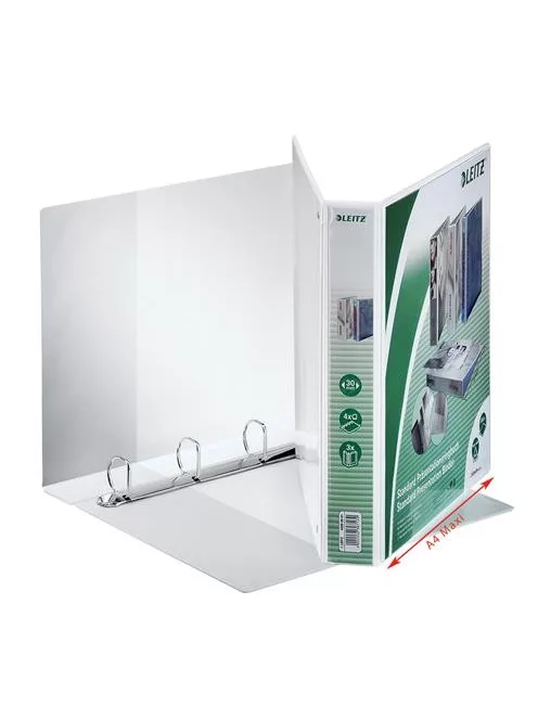 LEITZ Gyűrűs könyv, panorámás, 4 gyűrű, D alakú, 51 mm, A4 Maxi, PP, LEITZ, fehér