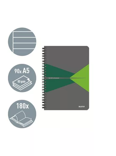 LEITZ Spirálfüzet, A5, vonalas, 90 lap, laminált karton borító, LEITZ "Office", szürke-zöld