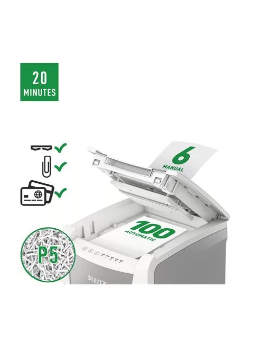 LEITZ Iratmegsemmisítő, mikrokonfetti, 100 lap, LEITZ "IQ AutoFeed SmallOffice 100 P5 Pro"