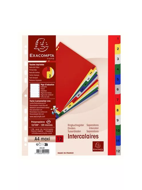 EXACOMPTA Regiszter, műanyag, A4+, 1-12, EXACOMPTA, színes