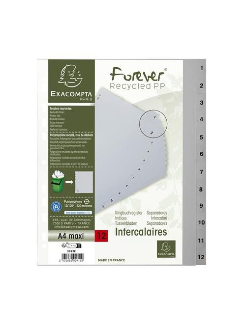 EXACOMPTA Regiszter, műanyag, A4+, 1-12, EXACOMPTA, szürke