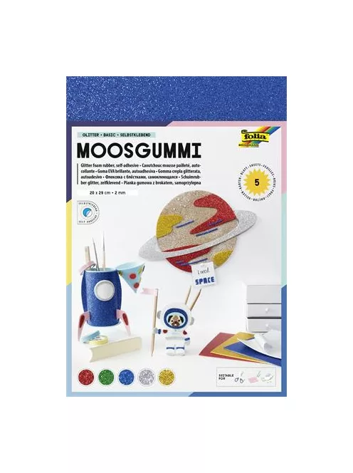 FOLIA Moosgumi, öntapadó, csillámos, 20x29 cm, 5 lap, FOLIA "Basic", 5 különböző szín