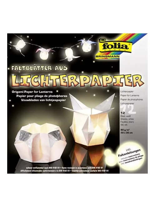 FOLIA Origami papír, lámpáshoz, 30x30 cm, 80 g, 12 lap, FOLIA, fehér
