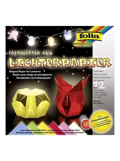 FOLIA Origami papír, lámpáshoz, 30x30 cm, 80 g, 12 lap, FOLIA, vegyes színek