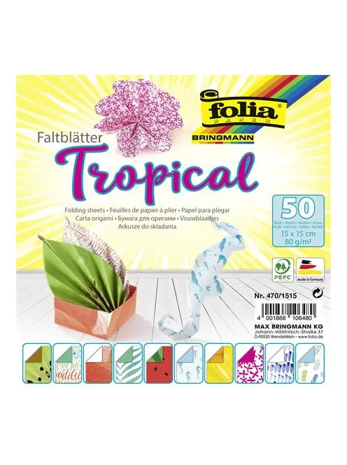 FOLIA Origami papír, 15x15 cm, 80 g, 50 lap, FOLIA "Tropical", 10 különböző minta