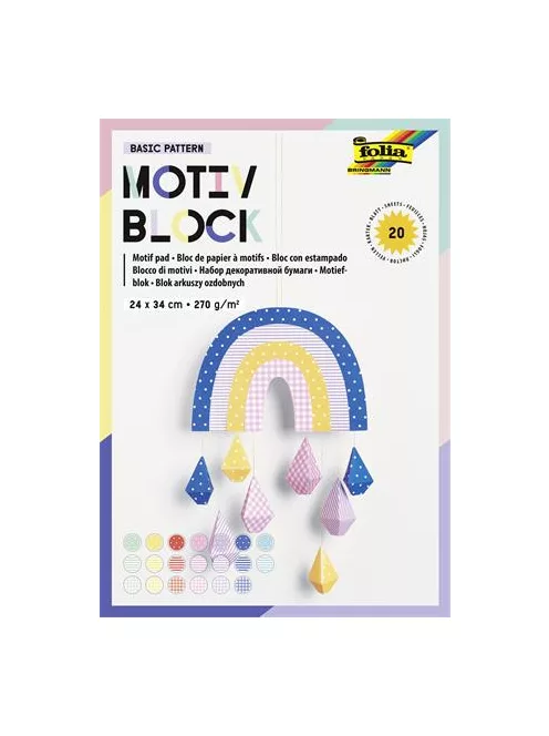 FOLIA Dekorkarton, 2 oldalas, 24x34 cm, 270 g, 20 lap, FOLIA "Basic Rainbow", 20 különböző minta
