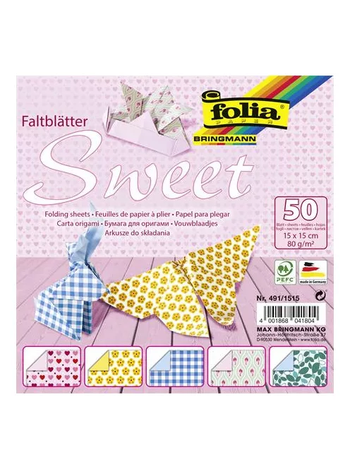 FOLIA Origami papír, 15x15 cm, 80 g, 50 lap, FOLIA "Sweet", 5 különböző minta