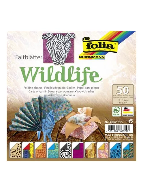 FOLIA Origami papír, 15x15 cm, 80 g, 50 lap, FOLIA "Wildlife", 10 különböző minta