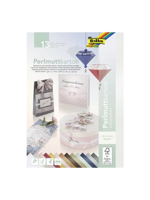 FOLIA Dekorkarton, 2 oldalas, 25x35 cm, 13 lap, 250 g, FOLIA, 13 különböző gyöngyház szín