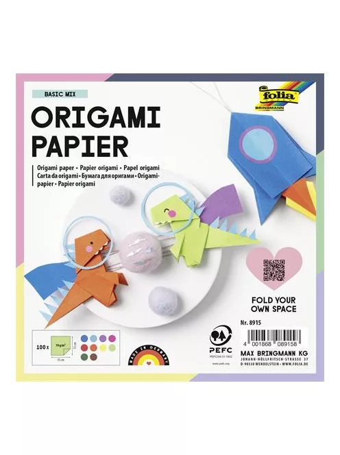 FOLIA Origami papír, 15x15 cm, 70 g, 100 lap, FOLIA, vegyes színek