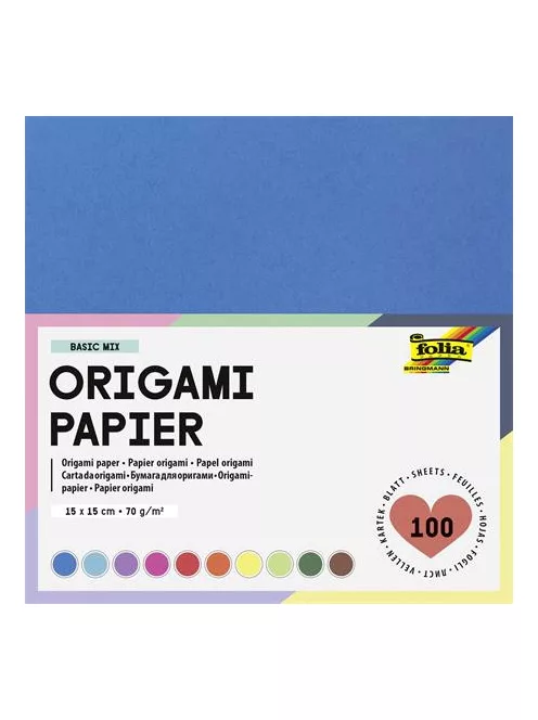 FOLIA Origami papír, 15x15 cm, 70 g, 100 lap, FOLIA, vegyes színek