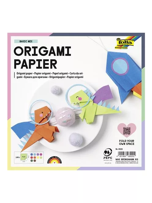 FOLIA Origami papír, 20x20 cm, 70 g, 100 lap, FOLIA, vegyes színek