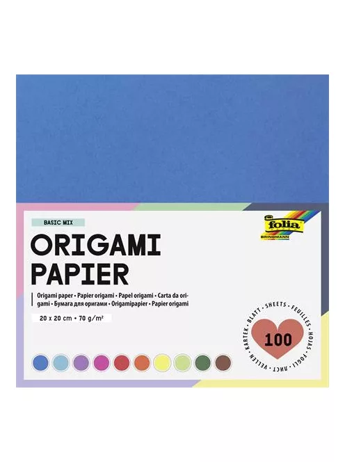 FOLIA Origami papír, 20x20 cm, 70 g, 100 lap, FOLIA, vegyes színek